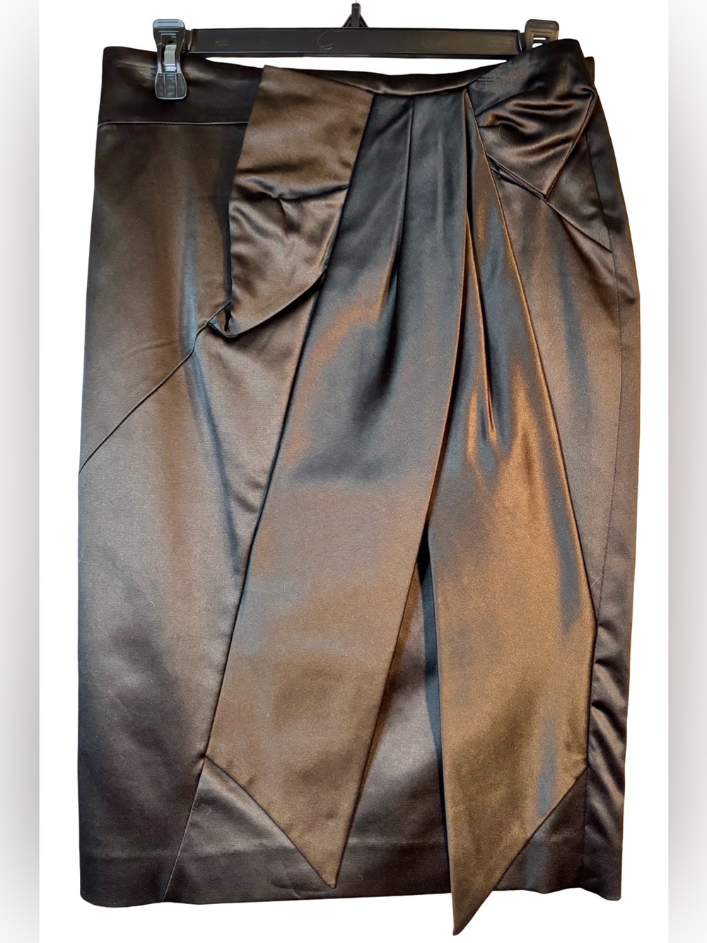 Studio Black Satin Tulip-Front Pencil Skirt with Draped Tie